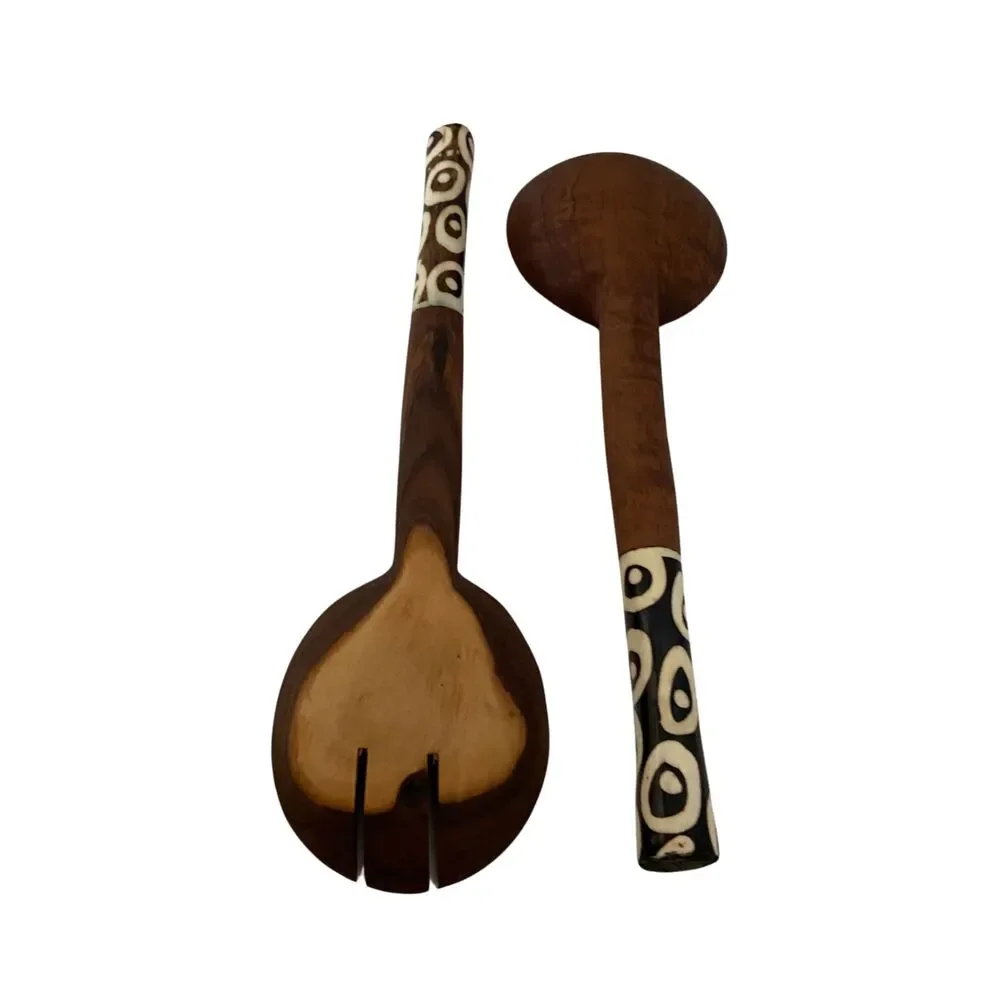 Hand Carved Olive Wood Salad Servers Bone Handles Kenya 12